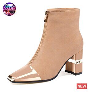 Suede Ankle Boots with Chunky Block Heels and Metal Square Toe